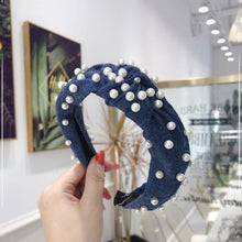 Load image into Gallery viewer, New Fashion Girls Headband Pearls Hairband Center Knot Hair Hoop Blue Denim Cloth Headwear Soft Hair Accessories