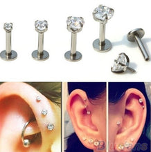 Load image into Gallery viewer, Gold Color Steel Rose Labret Lip Ring Zircon Anodized Titnium Internally Threaded CZ Gem Monroe 16G Tragus Helix Ear Piercing