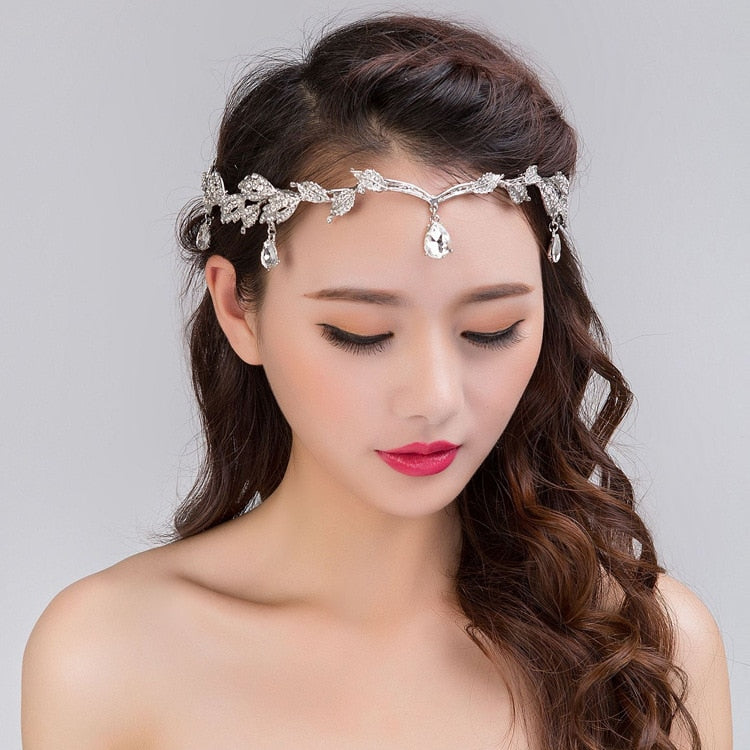 Rose Gold Color Crystal Crown Bridal Hair Accessory Wedding Rhinestone Teardrop Leaf Tiara Headband Frontlet Bride Hair Jewelry