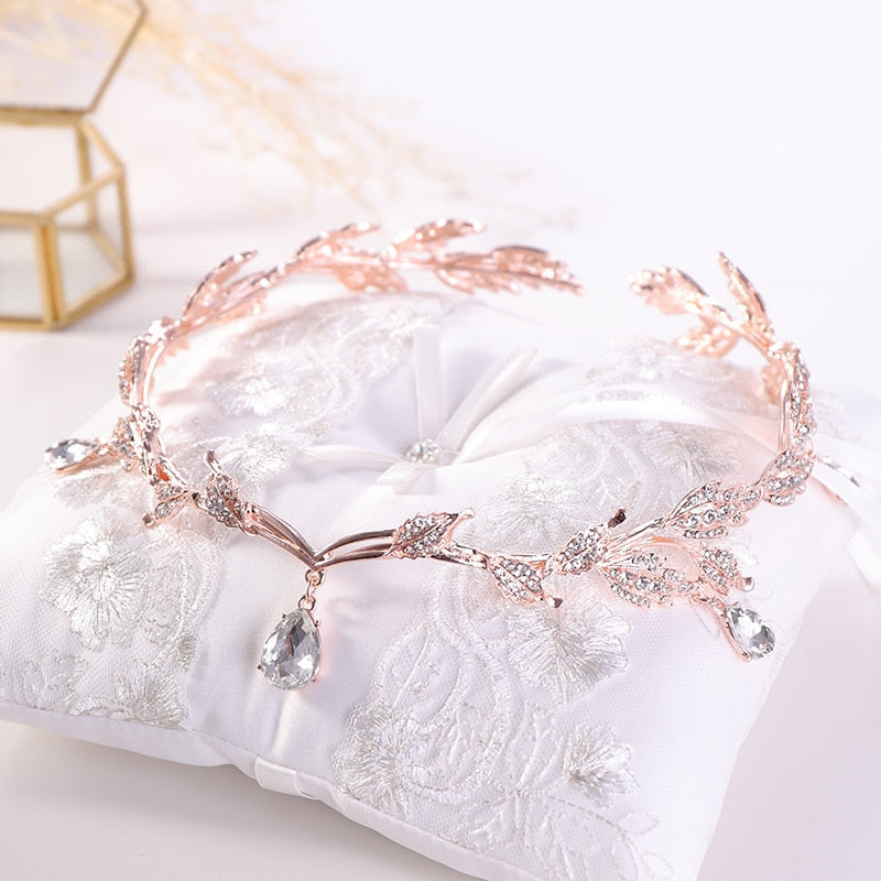 Rose Gold Color Crystal Crown Bridal Hair Accessory Wedding Rhinestone Teardrop Leaf Tiara Headband Frontlet Bride Hair Jewelry