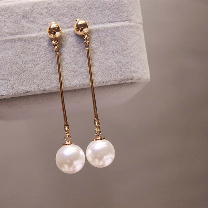 Korean Simulated Pearl Long Tassel Bar Drop Earrings For Women OL Style Sweet Dangle Brincos Party Jewelry Gift Wholesale EB478