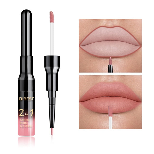 2 in 1 Double Head Liquid Matte Lipstick Lip Gloss &amp; Lip Liner Waterproof Nude Lipstick Set Lipgloss Mate Lip stick Pen Makeup