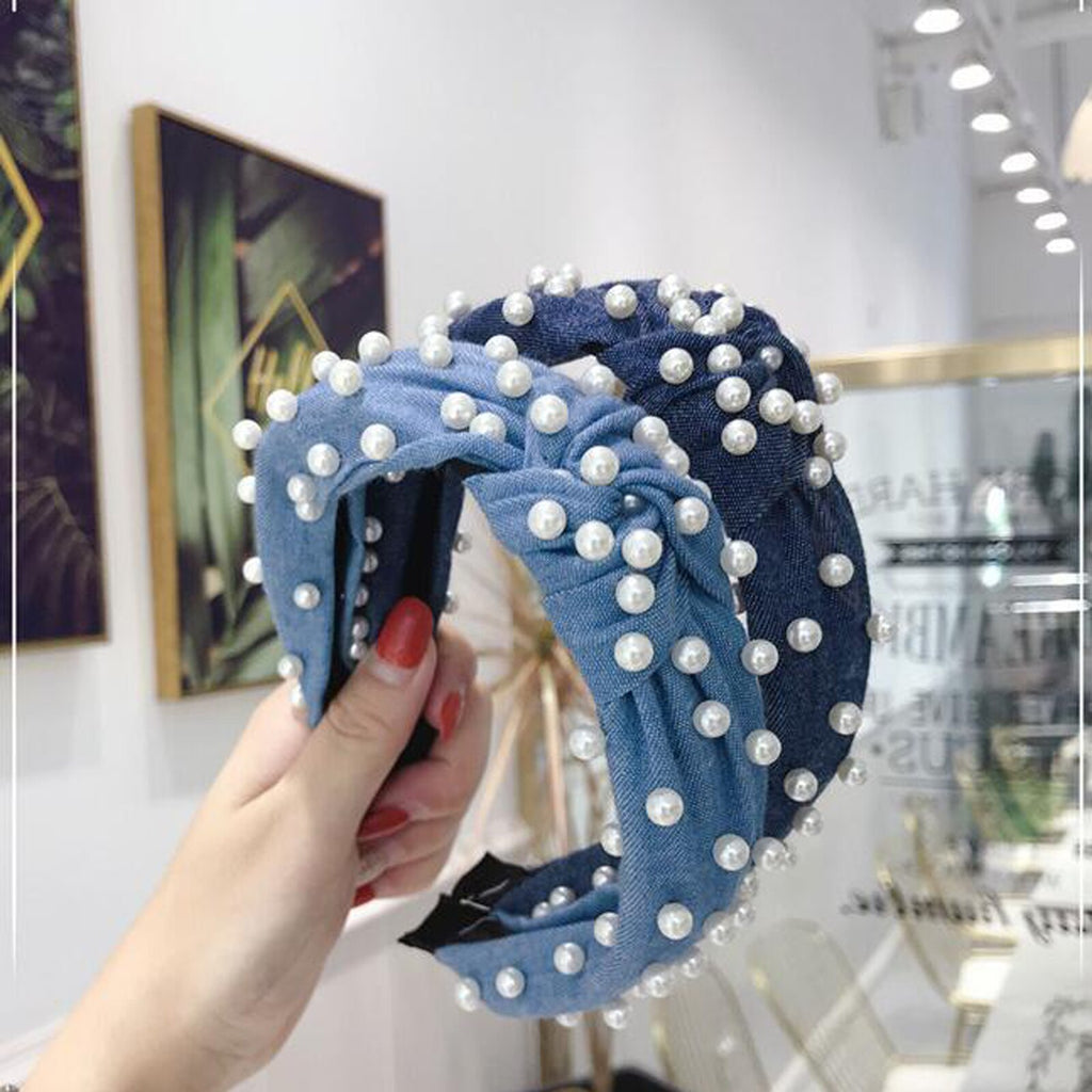 New Fashion Girls Headband Pearls Hairband Center Knot Hair Hoop Blue Denim Cloth Headwear Soft Hair Accessories