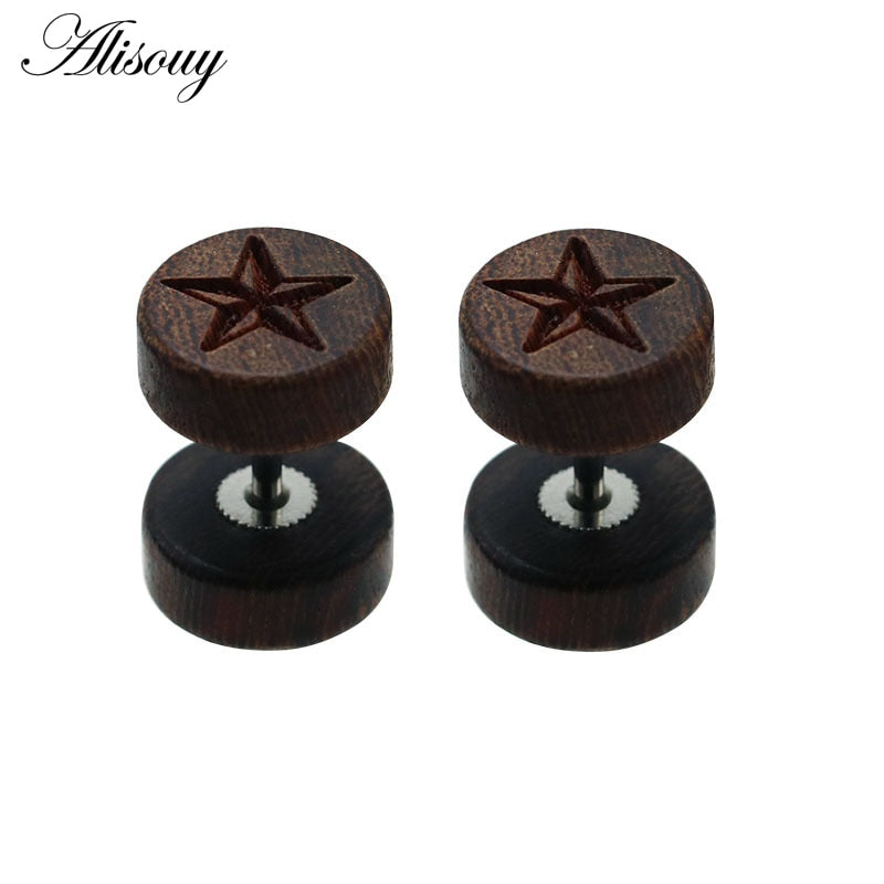 Alisouy 2PC Fashion Wooden Ear Studs Earrings Natural Brown Black 8 10 12mm Punk Barbell Fake Ear Plugs Brincos For Men Women