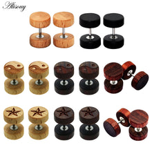 Load image into Gallery viewer, Alisouy 2PC Fashion Wooden Ear Studs Earrings Natural Brown Black 8 10 12mm Punk Barbell Fake Ear Plugs Brincos For Men Women