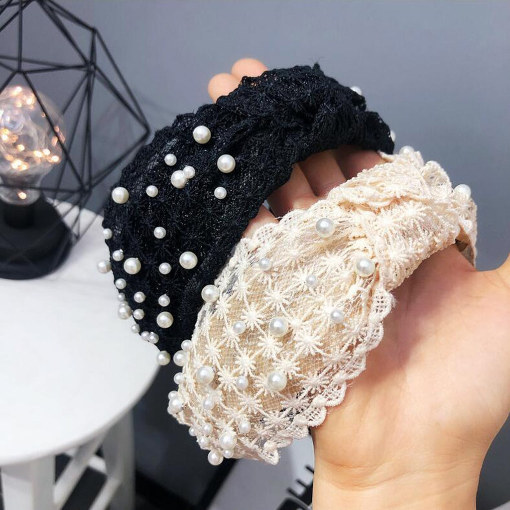 Fashion Girls Pearl Hairband White Black Lace Headband Women Artificial Pearls Hair Hoop Middle Knot Hair Accessories Wholesale
