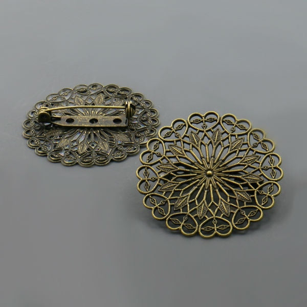 Wholesale-10pcs  Bronzed/Silver Plated 38mm Filigree Flower Vintage Brooch for DIY Jewelry