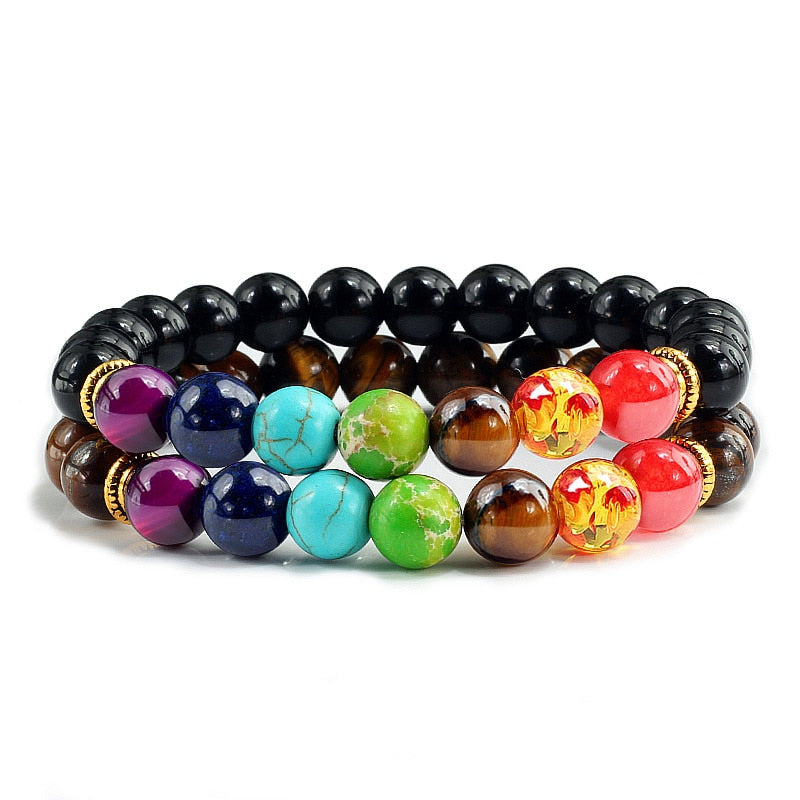 2Pcs/set 7 Chakra Bracelet For Women Men Balance Buddha Reiki Prayer Tiger Eyes Black Natural Stone Beads Yoga Strand Bracelets
