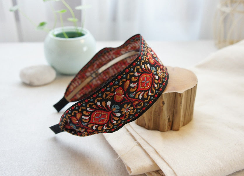 1PC  Women Bohemian Ethnic Embroidered Floral Ribbon Hairbands Headband Hair Accessories Beautiful Ethnic Pattern Wide Turban