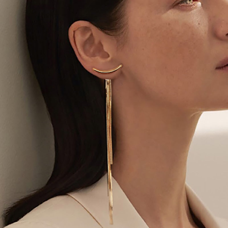 Vintage Gold Color Bar Long Thread Tassel Drop Earrings for Women Glossy Stainless Steel Earrings Fashion Jewelry 2022 New