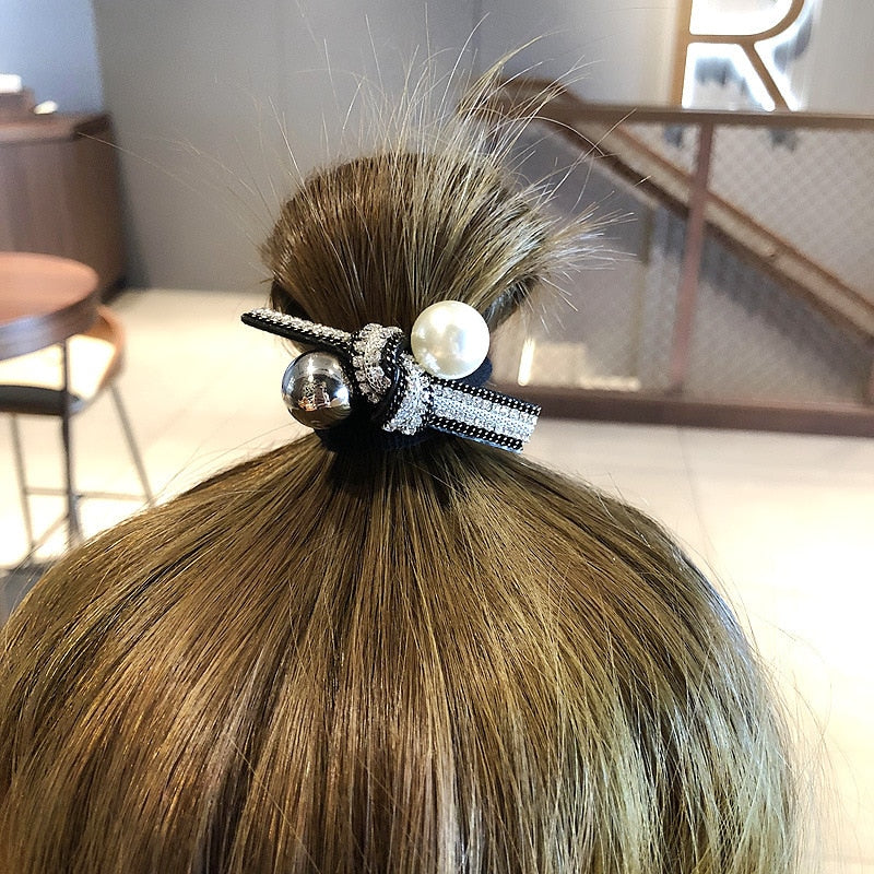 Fashion Hair Accessories Imitation Pearl Hair Rubber Band For Womens Girls Black Ponytail Holder Gum for Hair Headband Hair Tie
