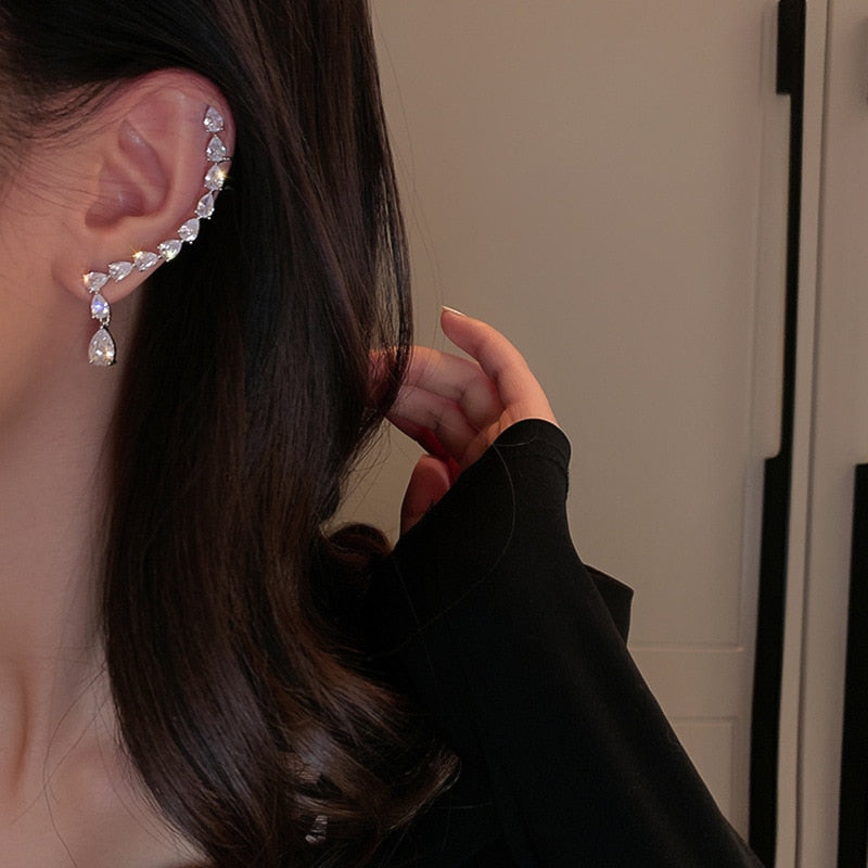 FLASHBUY Single New Korean Inlay Zircon Earrings Shiny Drill Arc Ear Hanging Clip Earrings for Women Luxury Unusual Ear Cuff