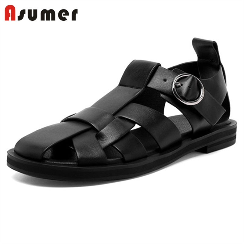 Asumer 2022 Big Size 42 Rome Sandals Women Shoes Genuine Leather Sandals Hollow Out Fashion Casual Shoes Women Flat Sandals