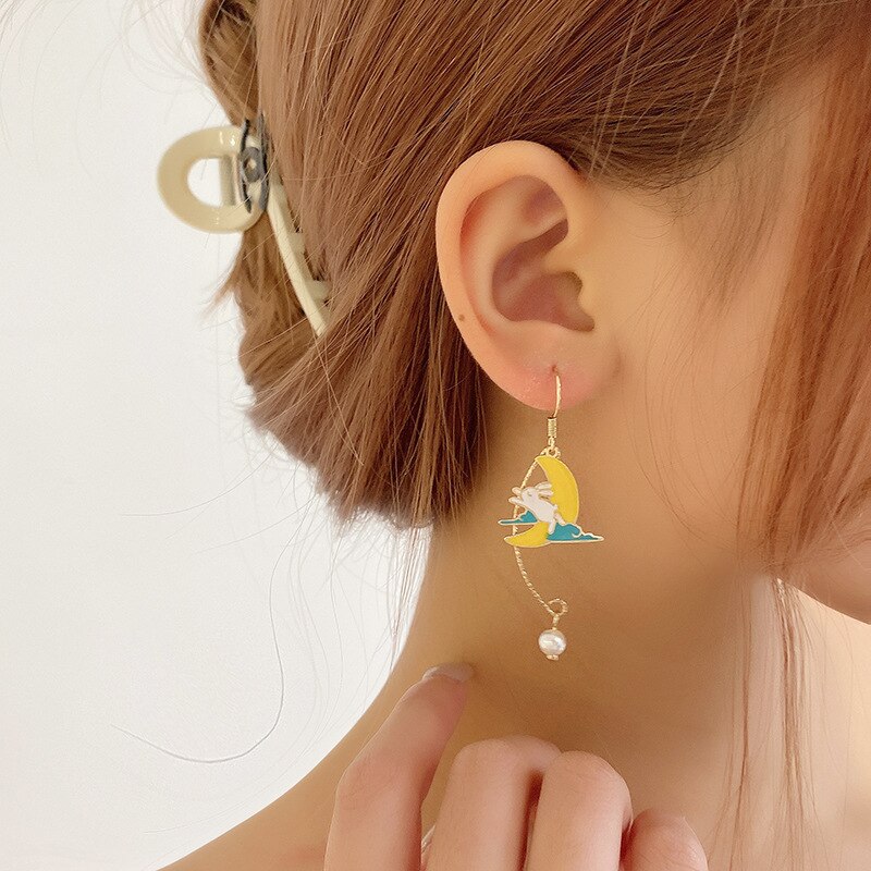 Korean New Sweet Geometric Drop Earrings For Women Cute Cat Rabbit Star Moon Asymmetrical Dangle Earrings Gift For Girls Jewelry