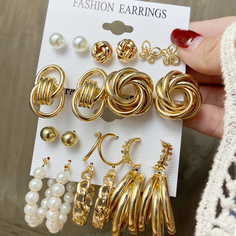 Trendy Exquisite Pearl Metal Earrings Set For Women Geometric Circle Dangle Drop Earrings Acrylic Set of Earrings Jewelry