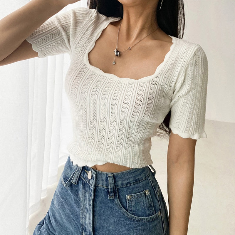 Graduation Gifts  Women Square Neck Pretty Stitch Short Sleeve Knit Top Pointelle Knit Top With Wave Trim tees short lace tops 4PC3