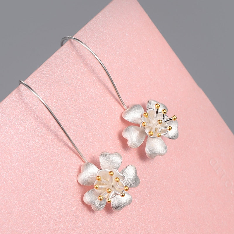 925 sterling silver Long Flower Earrings For Women Elegant Lady Prevent Allergy New Design Fashion Jewelry