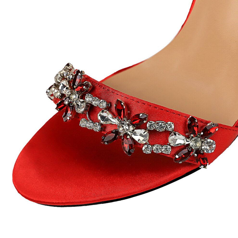 2022 Women 9cm High Heels Crystal Sandals Wedding Bridal Stiletto Heels Sandles Silk Prom Elegant Stripper Satin Strap Red Shoes