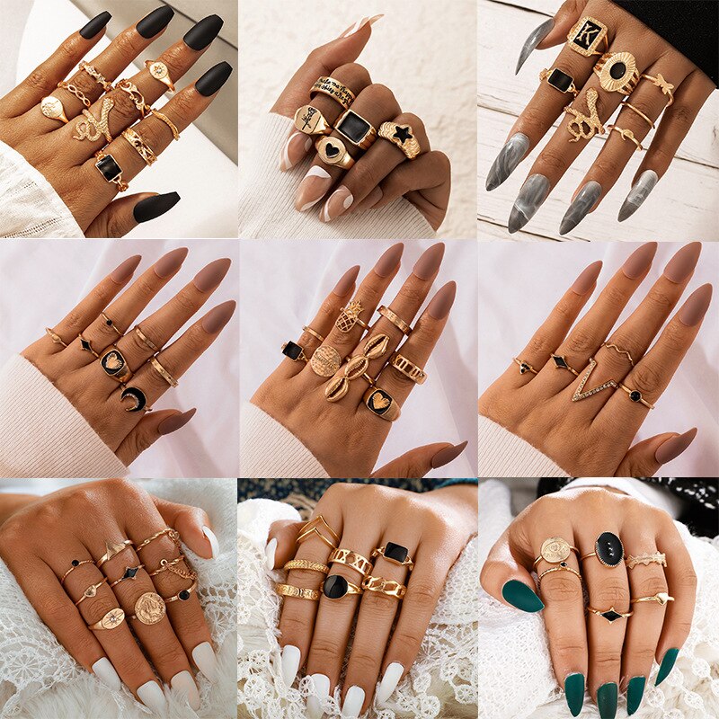 CYGJFC Woman Vintage Gold Plated Cystal Heart Ring Sets Floral Steampunk Rings Snake Fashion Jewrly Lady Hip Hop Ring