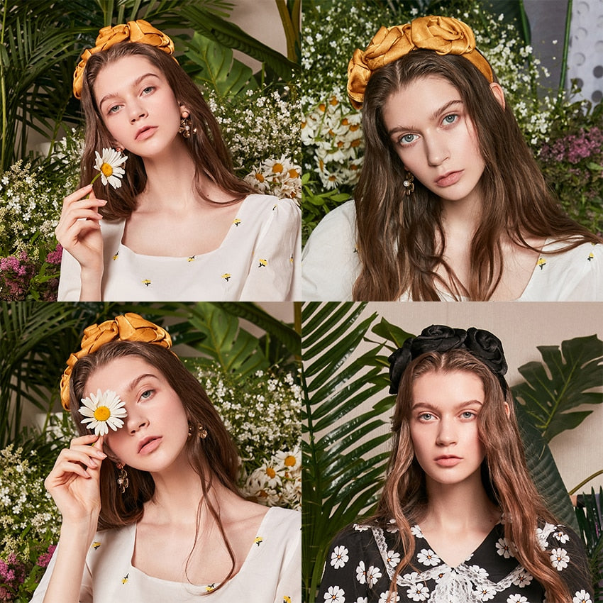 Levao Satin Flower Hair Bezel Hoop Triple Rosette Headband for Women Handmade Silk Flowers Hair Band Headbands Hair Accessories