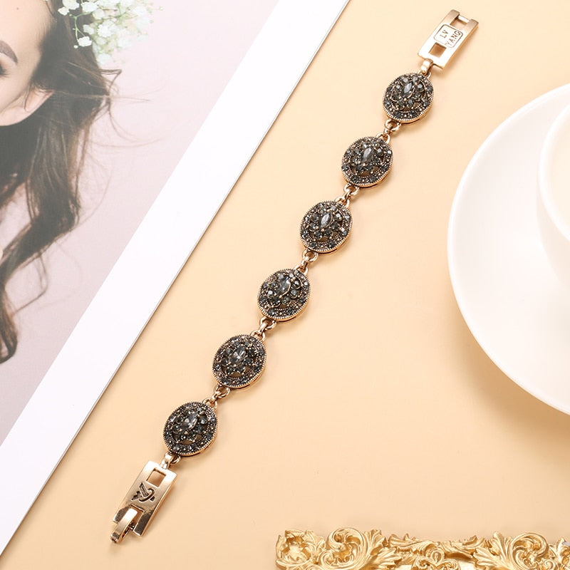 Kinel Charm Boho Women Link Bracelet Antique Gold Color Gray Crystal Ethnic Wedding Bridal Vintage Jewelry Russia Accessories