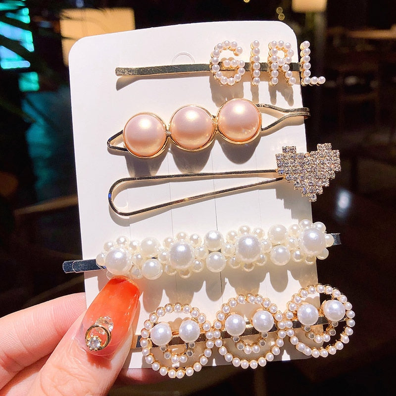 2022 New Women Girls Pearl Crystal Hairpins Side Clip Hair Jewelry Trendy Geometric Headwear Fashion Hair Accessories Barrettes
