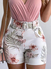 Load image into Gallery viewer, Graduation Gifts  Summer Women Fashion Two Piece Suit Sets Office Lady Sleeveless V Neck Pink Plain Ruched Top &amp; Tropical Print Shorts Set