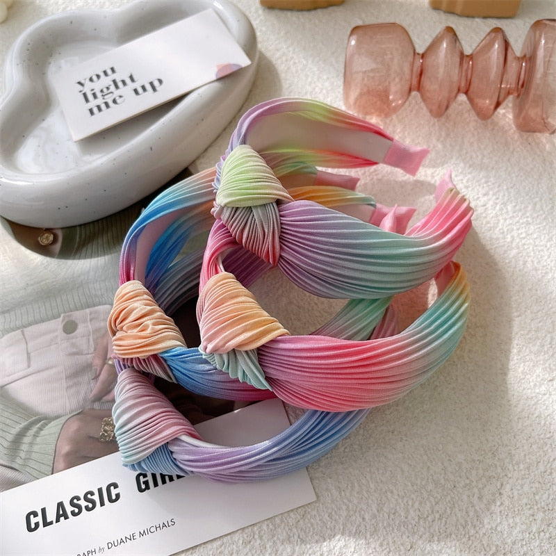 New Gradient Rainbow Hairbands for Women Girls Colorful Hair Bands Scrunchies Folds Knotted Hair Hoop Accessories Headbands