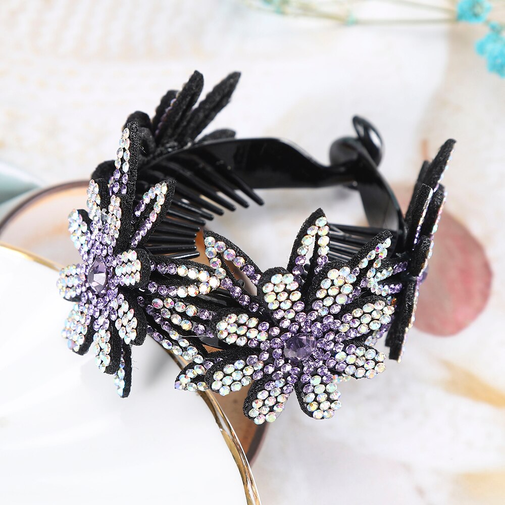 AWAYTR Rhinestone Flower Ball Head Hairpin Female Ponytail Duckbill Crystal Flowers Clip For Women Fashion Hair Clip Accessories