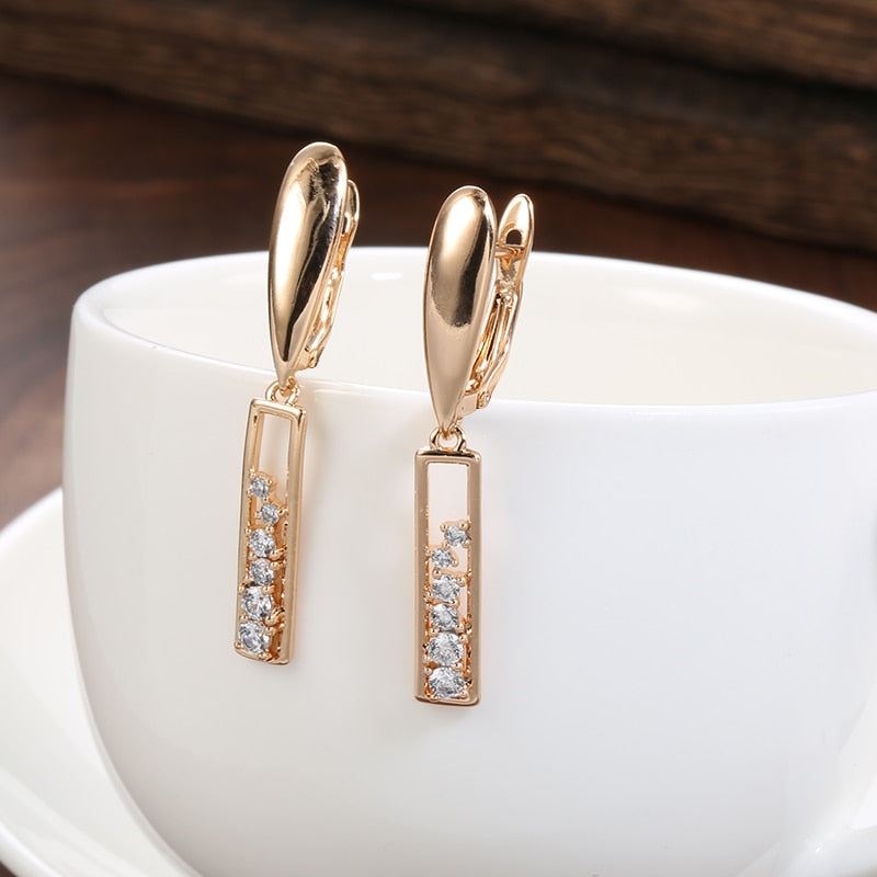SYOUJYO Elegant 585 Rose Gold Long Earrings For Women Shiny Natural Zircon Trendy Drop Earrings Bride Wedding Jewelry