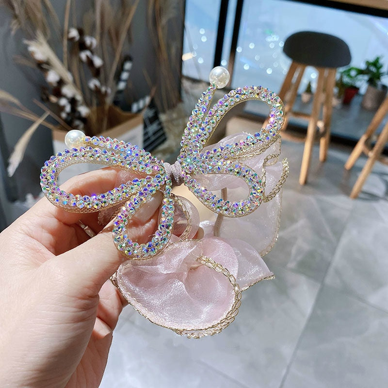 Elegant Large Bow Elastic Hair Bands Fabric Scrunchies Crystal Butterfly Girls Jewelry Rhinestone Headbands for Women Headpiece