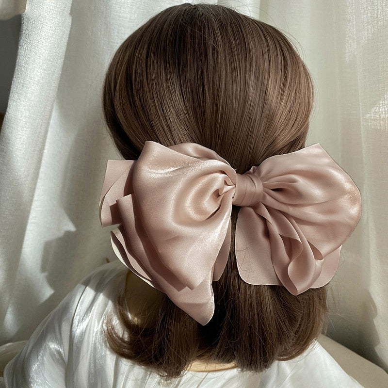 High Quatity Solid Color Big Bow Hairpins For Girl Popular Hair Clip For Women Sweet Two-layer Satin Hairgrip Hair Accessories
