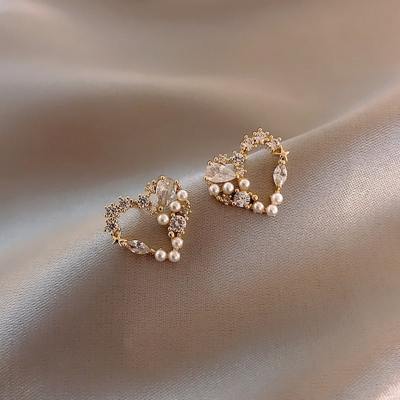 2022 New Love Pearl Stud Earrings Heart-shaped Rhinestone Pearl Earring Women Girl Party Personality Temperament Jewelry Gift