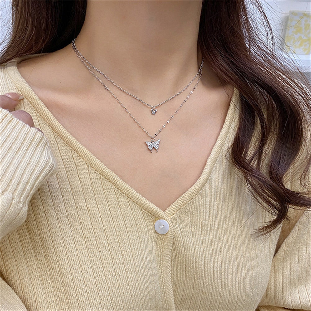 New Shiny Butterfly Necklace Ladies Exquisite Double Layer Clavicle Chain Necklace Jewelry for Ladies Gift