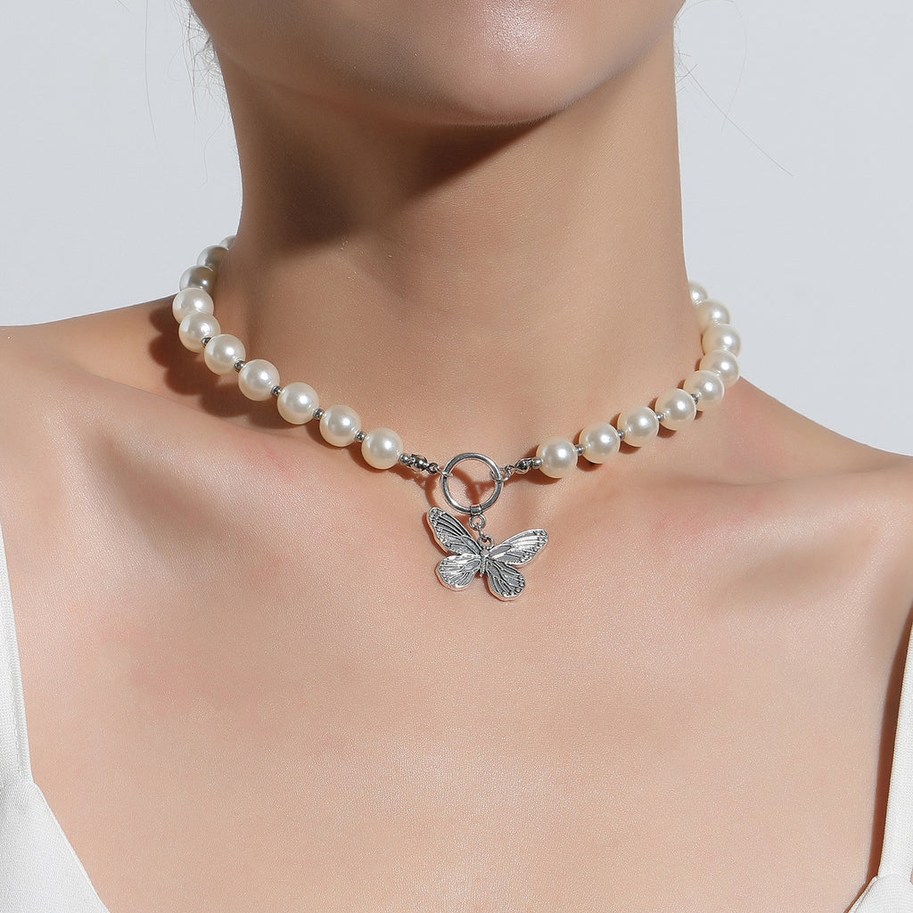 Antique Pearl Chain Necklace With Butterfly Pendant Charms Silvery Neck Jewelry For Women Party Gift Ideas