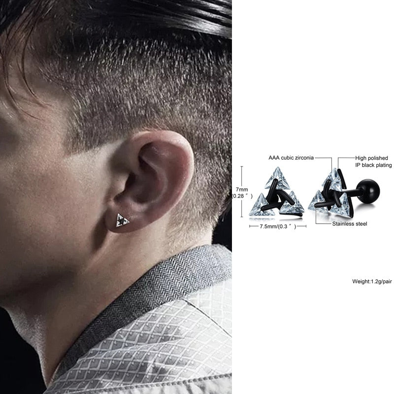 Men Stud Earring ,Triangle Pierced Crystal Zircon Stud Earrings,Stainless Steel Tiny Minimalist Studs for Mens Women Jewelry