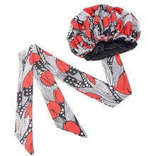 Load image into Gallery viewer, New African Print Satin Bonnet Headwrap In Women&#39;s Hair With Long Ribbon Wrap Double Layer Headwrap Ankara Hair Wrap Accessories