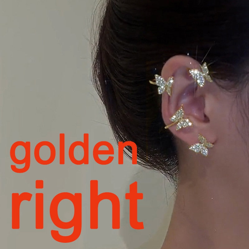 New Fashion Crystal Butterfly Clip Earring Pearl Bead Ear Cuff Long Tassel Charm Hollow Earrings For Women Girl Jewelry 1 Piece
