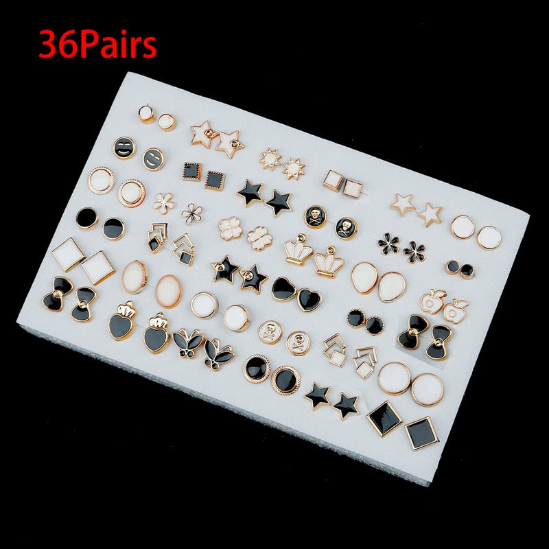 36/18/12Pairs Earrings Mixed Styles Rhinestone Sun Flower Geometric Animal Plastic Stud Earrings Set For Women Girls Jewelry