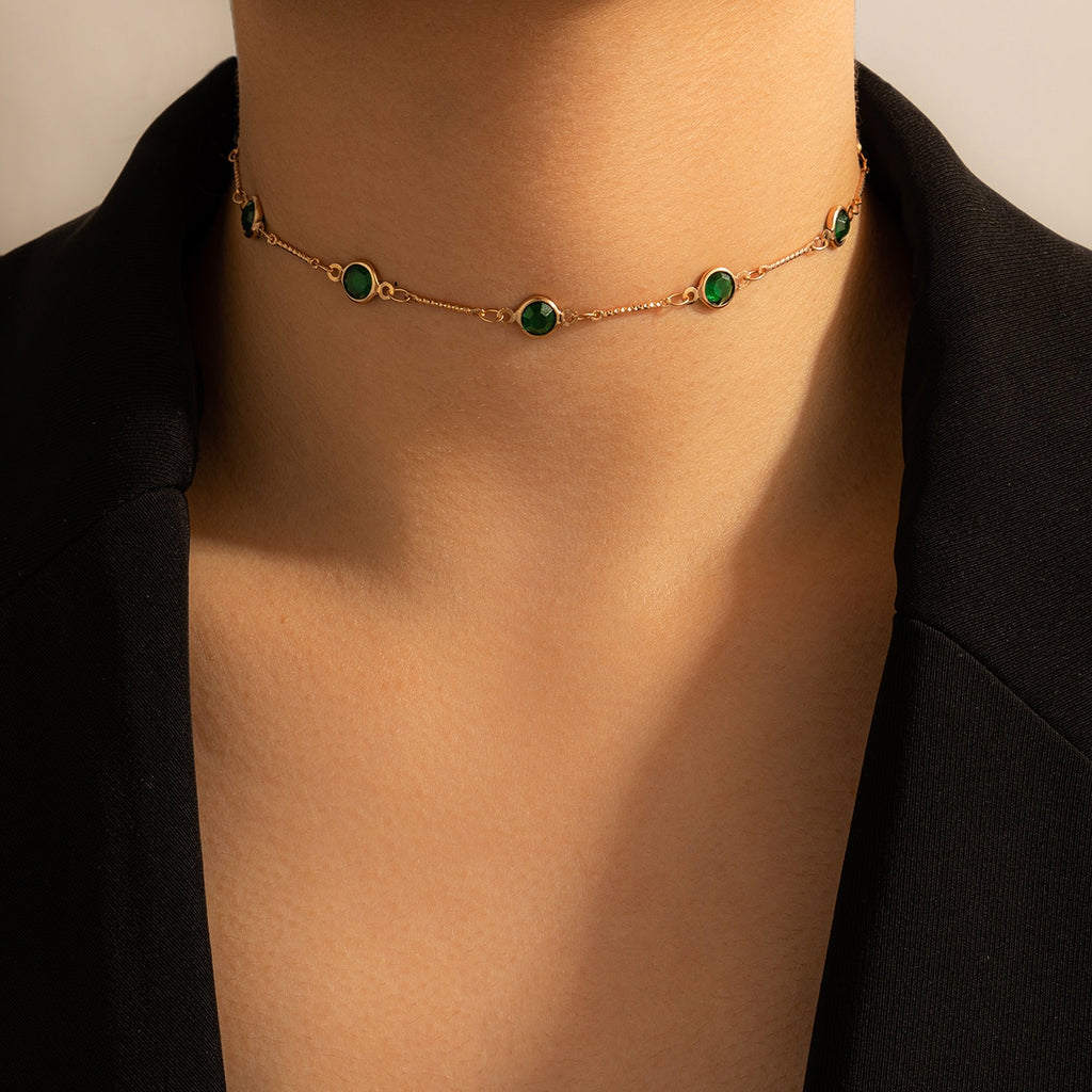 Tocona Tredny Green Rhinestone Chain Choker Necklace for Women Gold Color Alloy Metal Handmade Jewelry Accessories Collar 15633