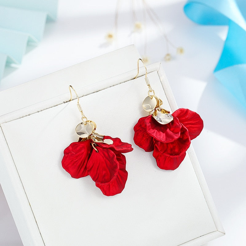 Flower Long Dangle Drop Earrings for Women Wedding Bridal Party White Red Big Petal Korean Earrings Statement Jewelry