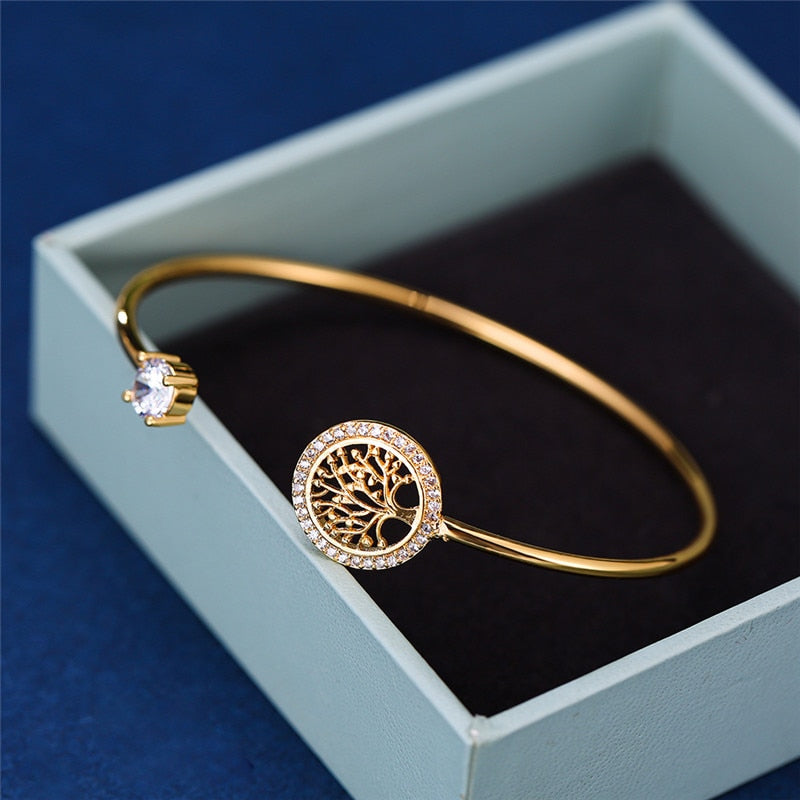 Dainty Female White Zircon Stone Bracelet Tree Of Life Adjustable Bracelets For Women Cute Rose Gold Wedding Bracelet