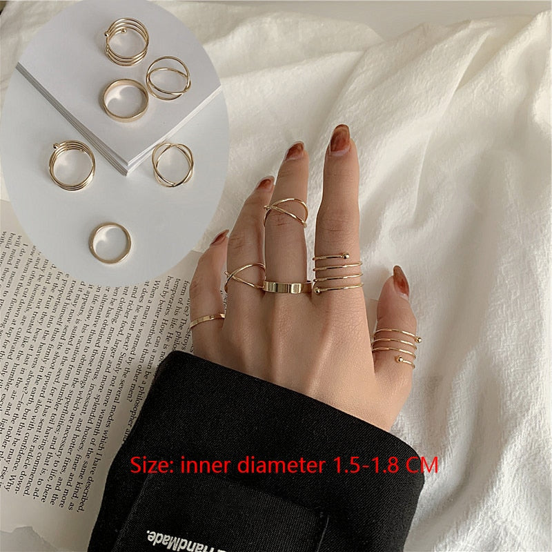 New Punk Finger Rings 6pcs/set Minimalist Smooth Gold/Black Geometric Metal Rings for Women Girls Party Jewelry bijoux femme
