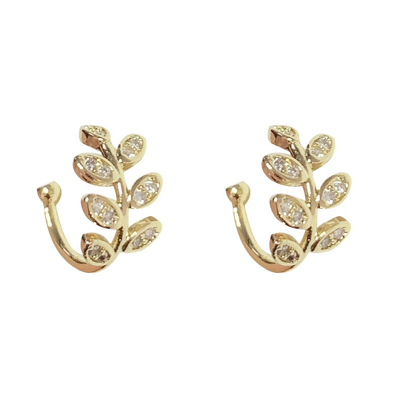 Fashion Gold Color Leaf Clip Earring For Women Without Piercing Puck Rock Vintage Crystal Ear Cuff Girls Party Jewerly Gifts