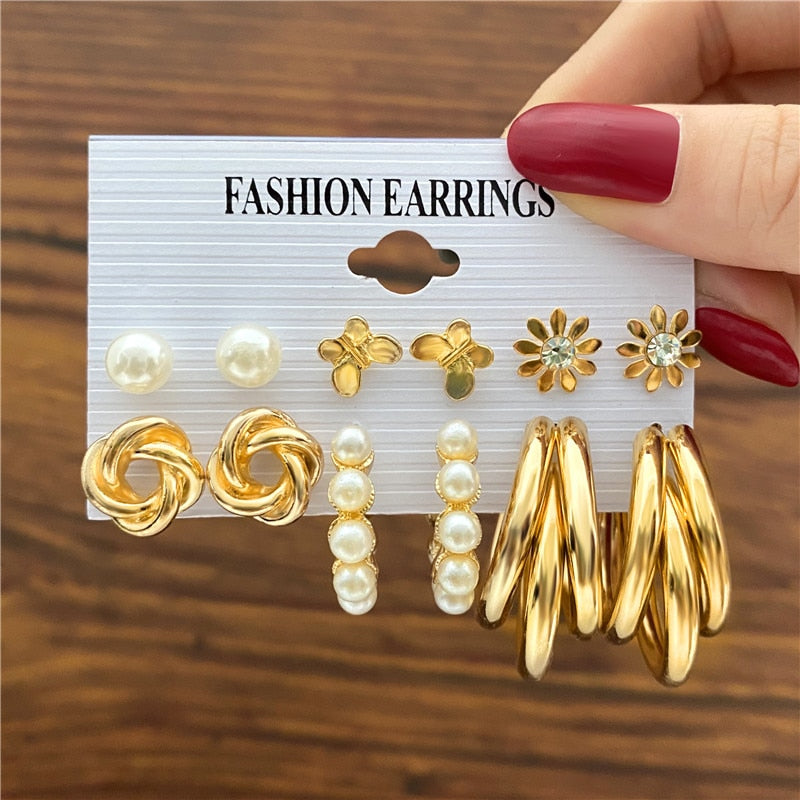Trendy Exquisite Pearl Metal Earrings Set For Women Geometric Circle Dangle Drop Earrings Acrylic Set of Earrings Jewelry