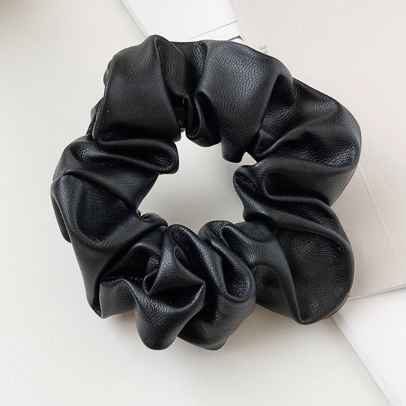 2022 Autumn Winter New Black PU Leather Tie Hair Ring Solid Color Large Intestine Ring Girls&#39; Women Hair Accessories Headwear