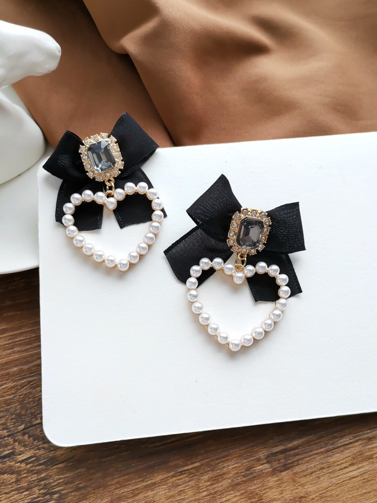 S925 needle Sweet Jewelry Black Bowknot Earrings 2022 New Design Crystal Glass Simulated Pearls Heart Drop Earrings For Girl
