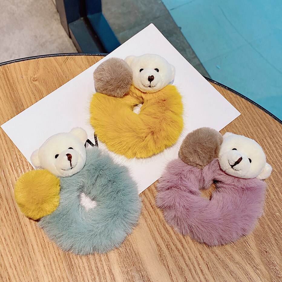 Cute Bear Furry Elastic Hair Bands Korean Lovely Colorful Headbands Rope Tie Holder For Women Girls Fur Hair Accessories