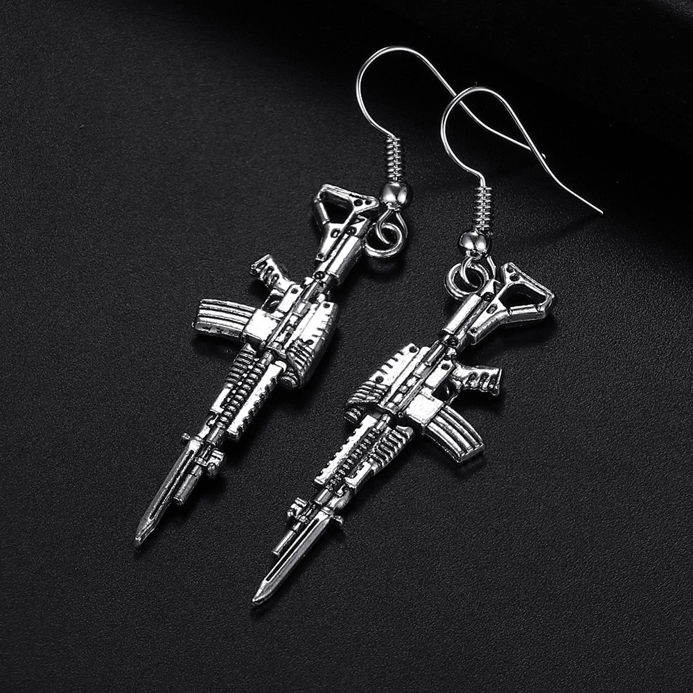 Trendy Vintage Rifle Gun Shape Antique Silver Plated Punk Hiphop Rock Style Retro Drop Earrings for Women Girl &amp; Man Jewelry