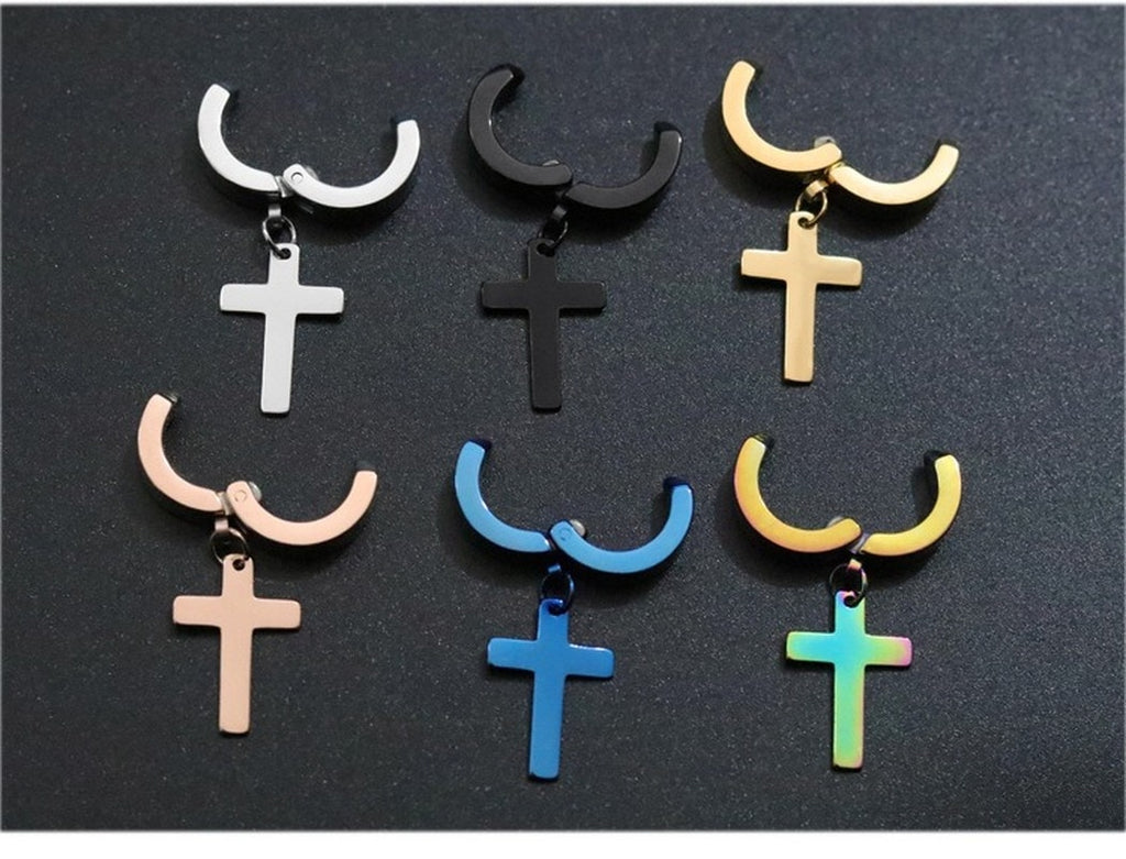 1pc Fake Piercing Earrings Stainless Steel Clip on Non Piercing Earrings for Women Men Cross Gothic Punk Rock Drop Pendiente